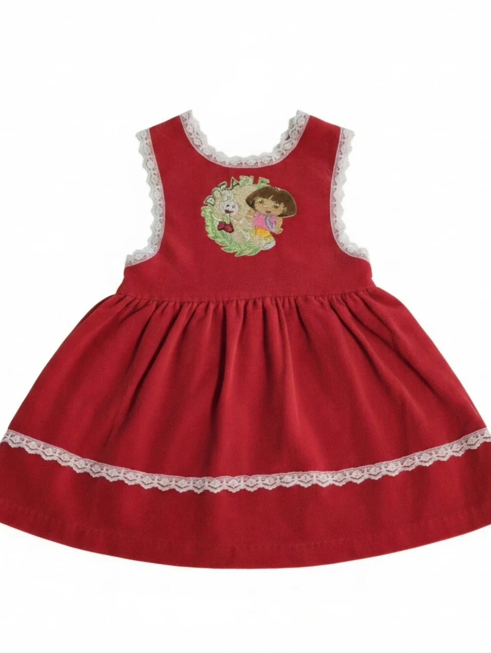 Vintage Y2K Custom Upcycle Embroidered aDORAble Red Corduroy Pinafore Dress 9-12